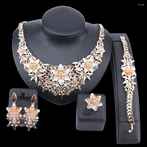 Ожерелье и серьги, комплект женских африканских браслетов, кольца, цветочные украшения, ювелирные изделия золотого цвета, подарок на вечеринку