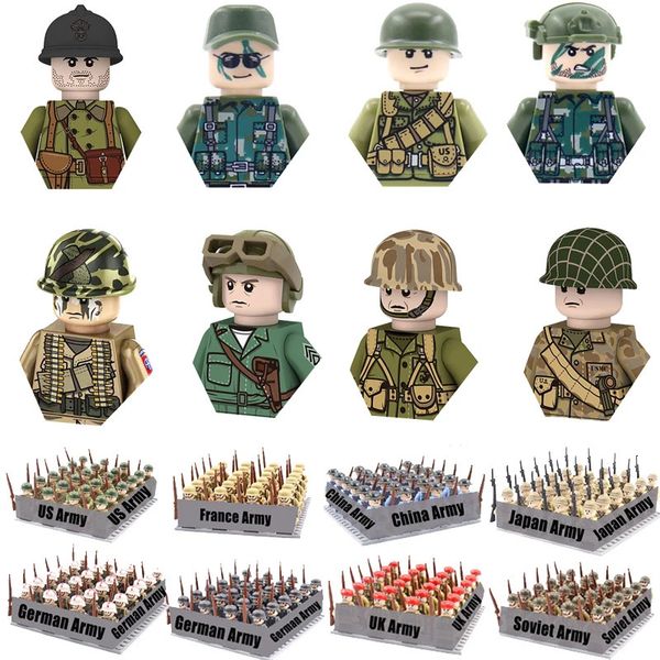 Soldato WW2 24 pezzi Lot Soldati militari Building Blocks Set Armi Sovietici Stati Uniti Regno Unito Cina Francia Esercito Action Figures Mattoni Giocattoli Regali per bambini 231202