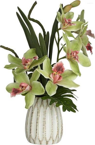 Flores decorativas em vaso falso arranjos artificiais realista verde rosa cymbidium orquídea em vaso de cerâmica branco decoração de casa