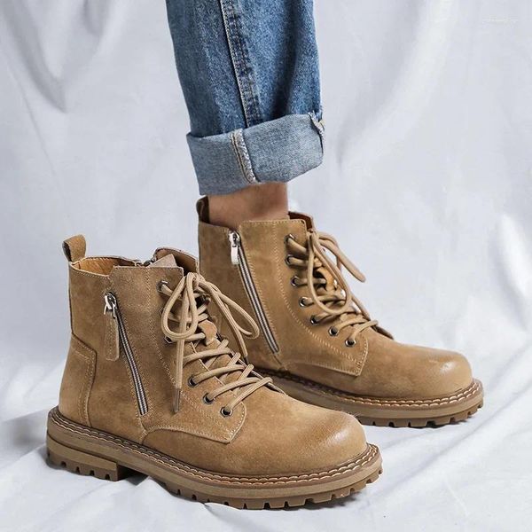 Botas masculinas casuais deserto rendas camurça de vaca sapatos de couro ao ar livre trabalho cowboy bota primavera outono plataforma tornozelo botas zapatos