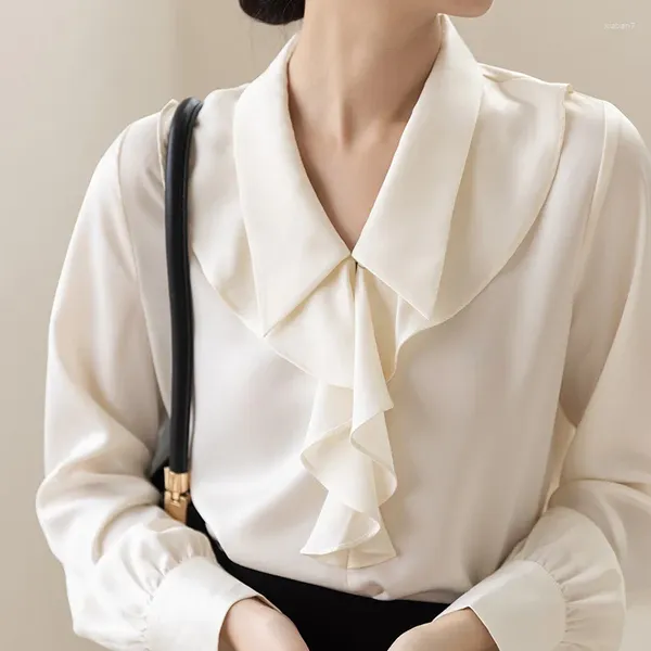 Kadınlar bluzları fırfırlı saten yüksek dereceli fransız tarzı beyaz iş gömleği kadınlar için 2023 bahar sonbahar giyim