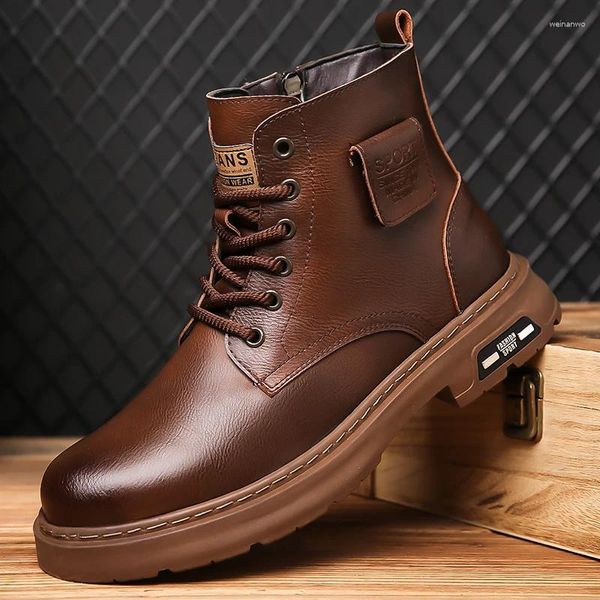 Botas de couro moda masculina inverno pelúcia neve tornozelo vintage vestido de negócios sapatos lace-up casual alto topo para homens