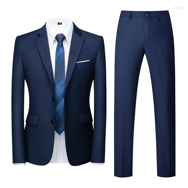 Herrenanzüge Herrenanzug Slim Fit Smoking 2-teiliger Abschlussball für Hochzeit Trauzeugen Knopf Marineblau Weiß Business-Hose