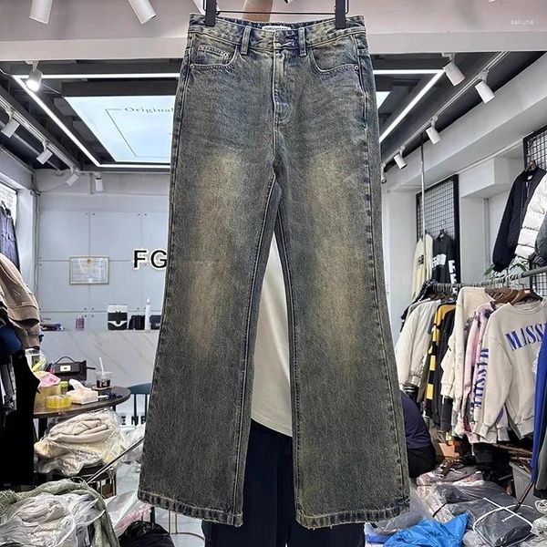 Männer Hosen 2023 Herbst/Winter High Street Retro Distressed Gelb Schlamm Lose Gerade Bein Jeans Amerikanischen Hip Hop lässig Gewaschen