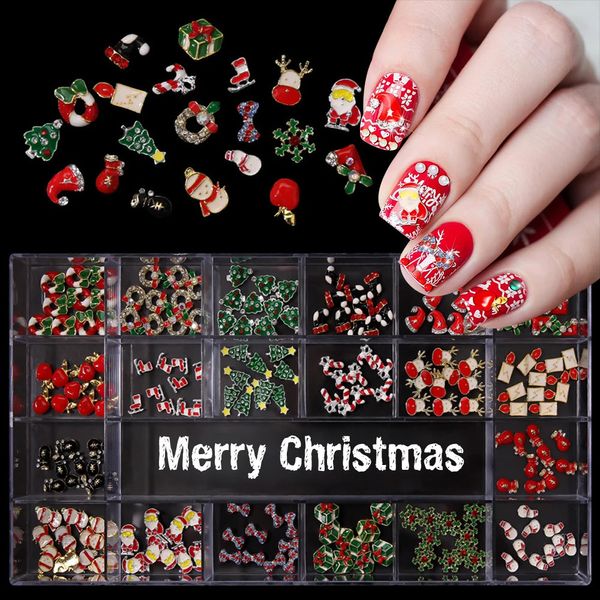 Nail Art Dekorationen Frohe Weihnachten 3D Metall Nagel Charms Box Weihnachtsmann Schneemann Schneeflocke Girlande Nagelstecker 12 cm x 24 cm Nail Art Dekor Weihnachtsgeschenke Teile 231202