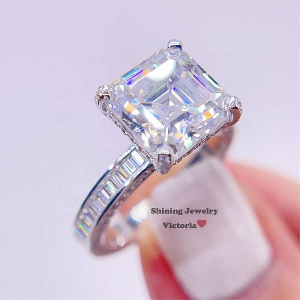 Anello di fidanzamento con moissanite VVS con taglio Asscher da sposa in oro bianco 4.06G 10K