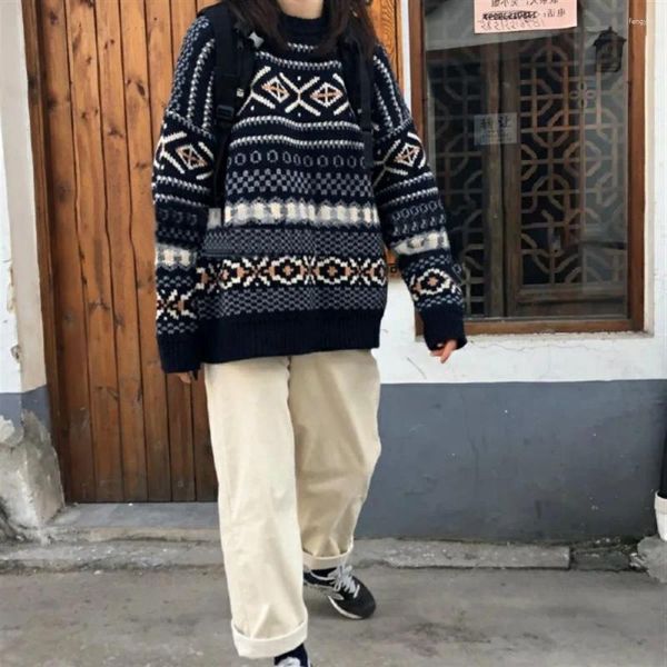 Damenpullover 2023 Damenpullover Aztekischer Jacquard-Strickpullover Vintage Gemütlicher Opa-Pullover Ästhetisches Herbst-Winter-Outfit