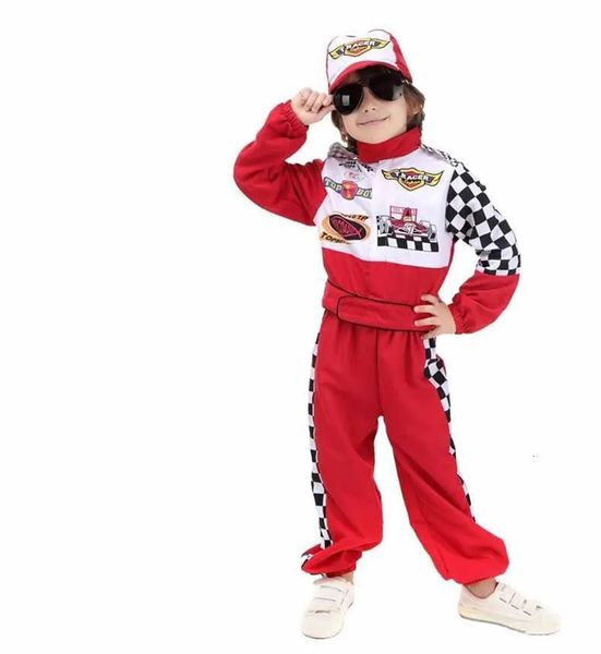 Rompers Boys Boys Cadılar Bayramı yarışçısı cosplay kırmızı yarış arabası sürücüsü üniforma çocuk yarış kostümü süslü elbise maskeli balo 231202