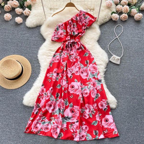 Vestidos casuais boho diagonal colar floral impressão babados verão sexy um ombro bandagem vestido longo mulheres elegante praia túnica vestidos