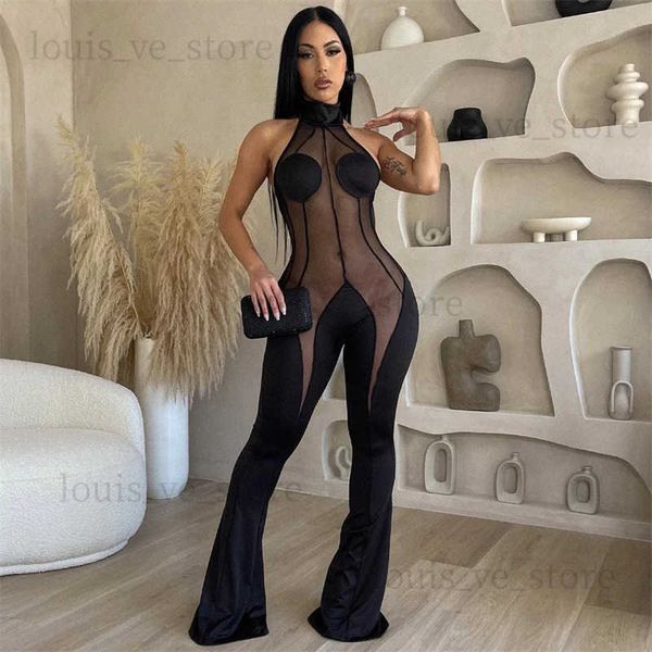 Damen -Jumpsuits Rolpper Sheer Mesh Patchwork Flare Jumpsuit sexy Halfter Schnüren Rückenless Boot Cut Pants Club Party Overalls Frauen ROMPERS T231202