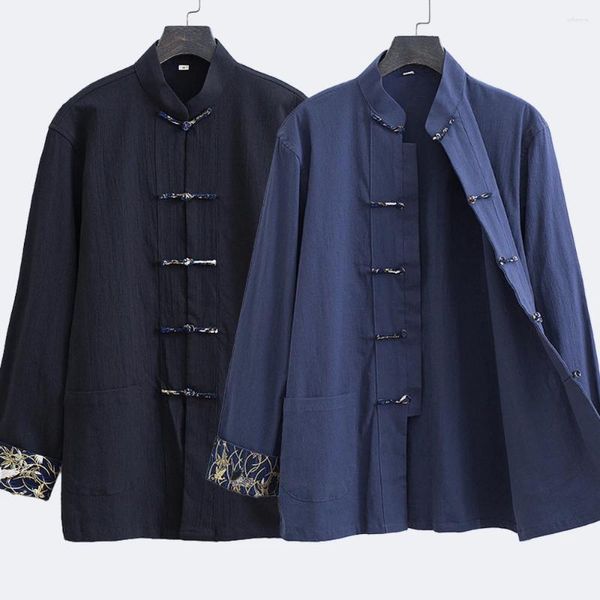 Jaquetas masculinas estilo chinês tradicional retro jaqueta de mangas compridas masculino juventude algodão linho cor colisão stand-up colarinho tang terno