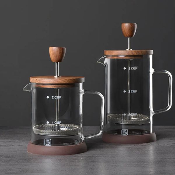 Kaffeekannen, französische Pressen, zum Aufbrühen von Tee, hoher Borosilikatglas, Walnussdeckel, Haushaltskaffeegeschirr 231201