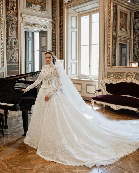 Новейшее кружевное свадебное платье трапециевидной формы 2024, свадебное платье с высоким воротом и длинными рукавами, свадебное платье принцессы на пуговицах спереди