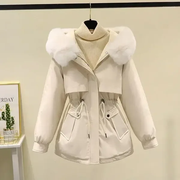 Trench da donna 2023 Edizione Autunno/Inverno Cappotto di cotone sciolto e ispessito Moda Rete di lana rossa Collo corto