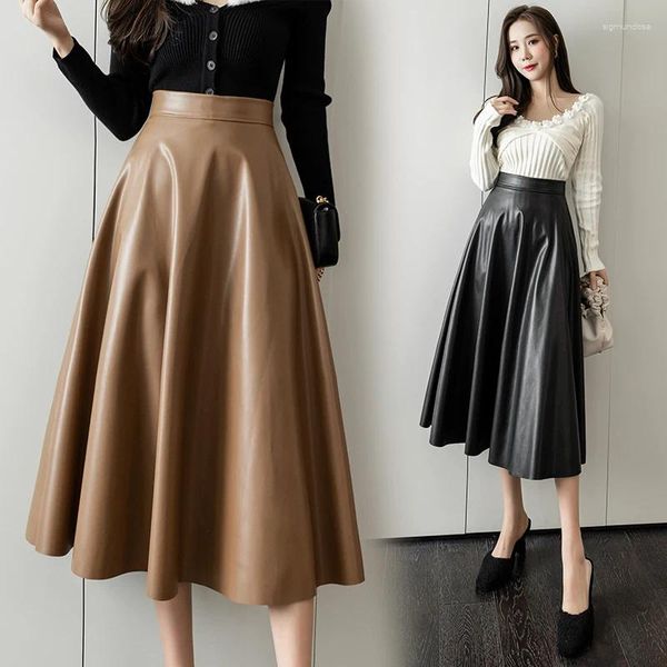 Saias vintage pu midi saia mulheres outono inverno cintura alta a linha longa feminina moda coreana faux couro preto faldas mujer