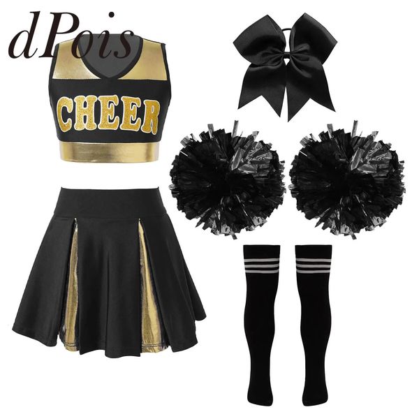 Cheerleading Kids School Girls Cheerleader Uniformes Sem Mangas Crop Top Saia Meias Conjuntos de Roupas para Crianças Cheerleading Dance Outfits 231201