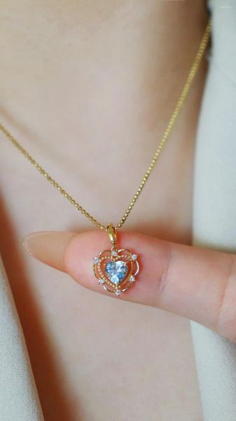 Zincirler 18K Katı Altın Kalp Şekimi Doğal Aquamarine Elmas Kolye Lüks Kadınlar Hediye Özel 10 14K İnce Mücevher