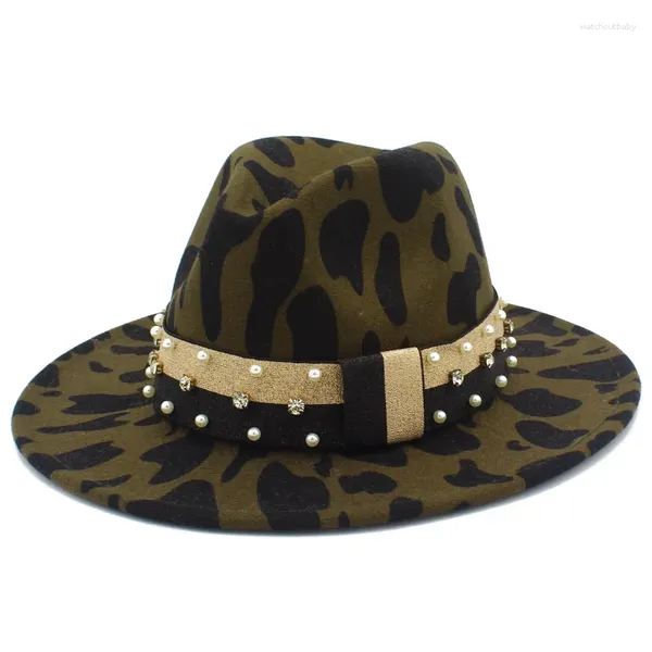 Berretti Cappelli Fedora Donna Uomo Berretto di lana di mucca Cappello da cowboy occidentale Cintura di perle Mucche Trilby Cappellini jazz Tesa arricciata Ventilatore Cappelli stile Fedora e borsalino