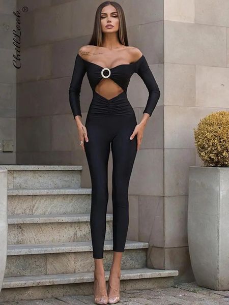 Damen Jumpsuits Strampler Frauen Off-Shoulder-Overall Sexy Hohlfalte Langarm Skinny Bleistifthose Strampler Weiblich Herbst Y2K Club Streetwear Outfits 231202