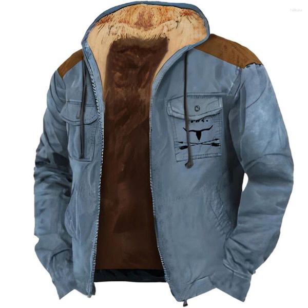 Herren Hoodies Winter Zip-up Fleece Mantel Jacken Blau Braun Ochse Kuh Sweatshirts Oberbekleidung Streetwear Langarm Strickjacke mit Kapuze