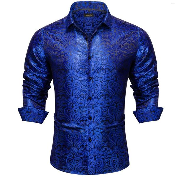 Camisas de vestido masculinas Royal Blue Paisley Sólido Poliéster de Seda para Homens Manga Longa Festa de Casamento Prom Botão Downm Collar e Blusa