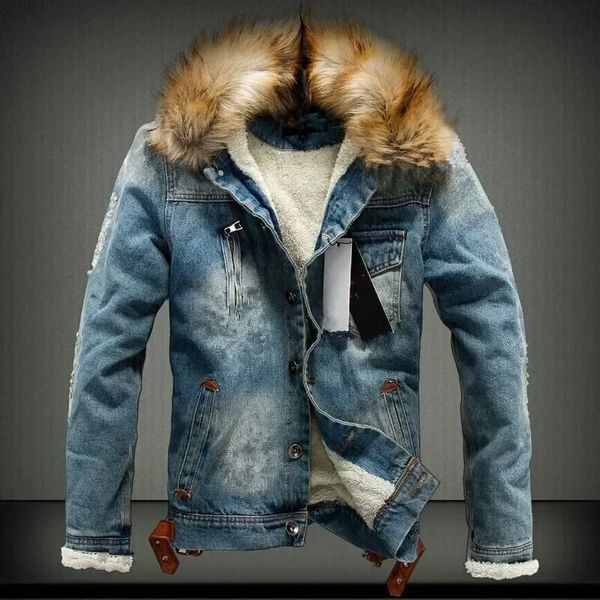 Lã masculina combina inverno jaqueta jeans com gola de pele retro rasgado lã jeans e casaco para outono s6xl 231202