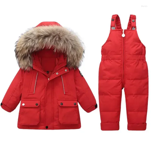 Unten Mantel 2023 Kinder Mädchen Winter 2PCS Kleidung Set Echtpelz Kragen Mit Kapuze Jacke Wasserdichte Säuglings Jungen Overalls Baby schneeanzug