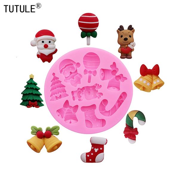 Moldes de cozimento Natal Resina Jóias Acessórios Silicone MoldDIY Santa Claus Tree Shoes Bell Muletas Lollipop Deer Chocolat Candy Cake Mold 231202