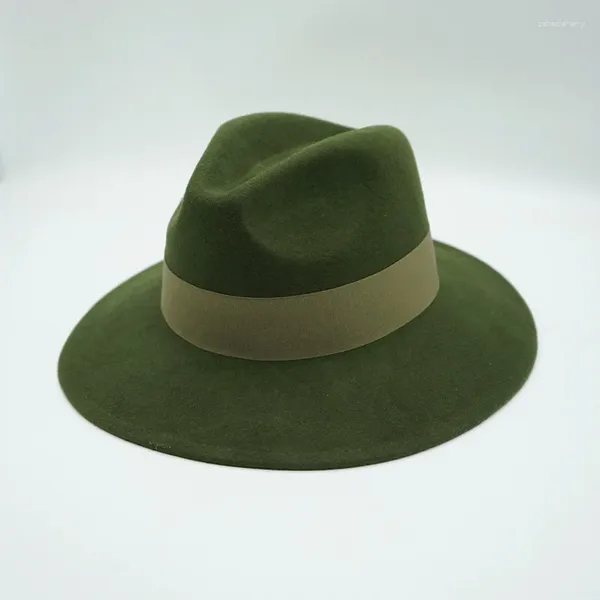 Berets Winter Panama Hüte Für Frauen Armee Grün Wolle Fedora Hut Breite Krempe Mit Band Gürtel Deco Dame Hochzeit Party