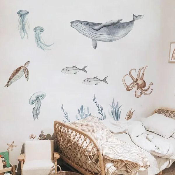 Adesivos de parede Underwater World Fish Decal Sea Animals Adesivo À Prova D 'Água Peel Stick para Banheiro Meninos Crianças Crianças Quarto Home Decor 231202