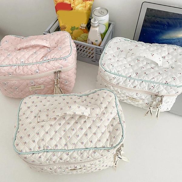 Borse per cosmetici Borsa per trucco in cotone trapuntato carino Organizzatore per donna Cerniera Borsa in tessuto femminile a forma di scatola Custodia da toilette portatile per ragazze