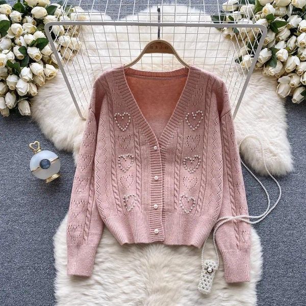 Malhas femininas wdmsna vintage decote em v malha cardigan outono e inverno crochê beading impressão mulheres camisola temperamento manga longa topo