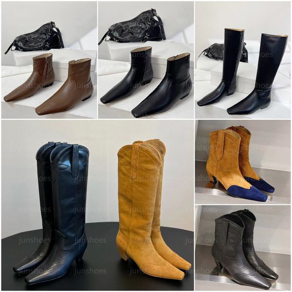 Khaite couro de bezerro camurça cowboy designer moda feminina couro marfa botas retro salto baixo botas ocidentais tamanho 35-40