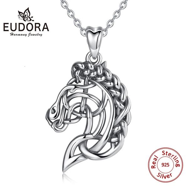 Ожерелья с подвесками Eudora, стерлинговое серебро 925 пробы, ожерелье с лошадью, Celtics Knot Spirit Head, ювелирные изделия для верховой езды, серия животных D424 231202