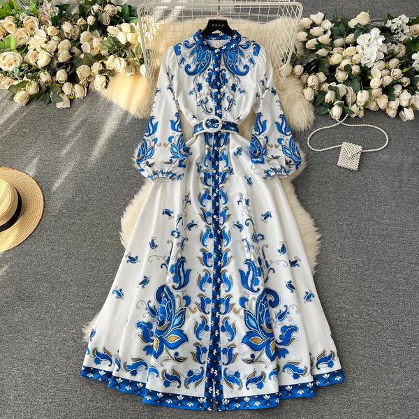 Casual Kleider Herbst Runway Blaue Blume Kleid Frauen Stehen Langarm Einreiher Blumendruck Gürtel Urlaub Boho Maxi Vestidos 2024