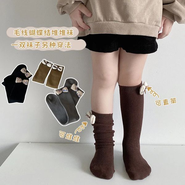 Kindersocken Kinder Midtube Mädchen Wade Frühling Herbst Schleife Lolita Stil Baby Mädchen Mori Tie Pile Großhandel Beinwärmer 231202