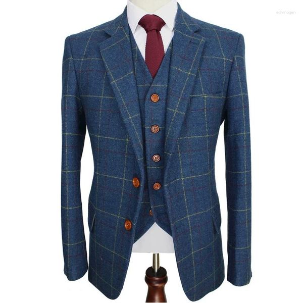 Abiti da uomo Lansboter Abito da uomo blu Ckeck Tweed Blazer su misura Retro Tailor Slim Fit Wedding per giacca da 3 pezzi Pantaloni Gilet