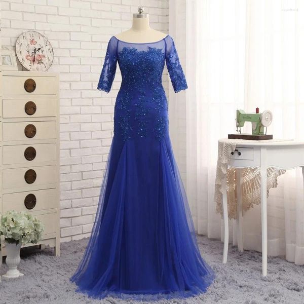 Abiti da festa Blu royal Donna Formale Invitato al matrimonio Ballo di fine anno Madre della sposa Sirena Mezze maniche Applicazioni Perline