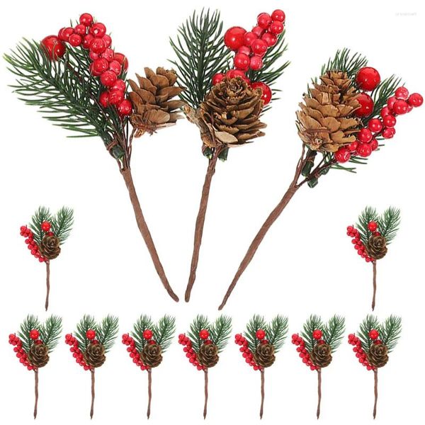 Fiori decorativi 12 pezzi alberi di Natale pigna artificiale fiore raccoglie decorazioni vegetali bacca rossa ramoscello stelo taglio aghi verdi finti