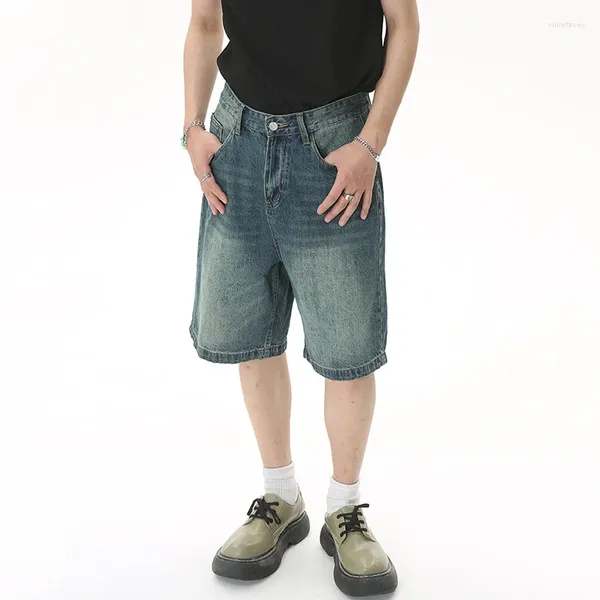 Erkek şort yaz gündelik kot pantolon ortada orta bel moda diz uzunluğunda kot pantolon vintage erkek Kore W027