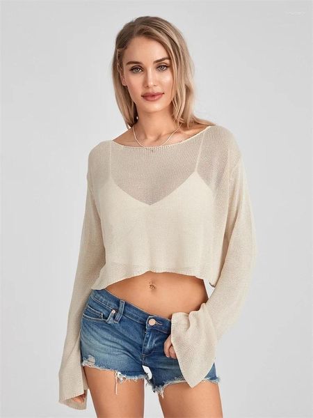 Damenblusen, durchsichtige Strick-Crop-Tops, langärmelig, Smock-Shirts mit U-Boot-Ausschnitt, Party, Club, sexy Strand-Cover-Ups, Bluse