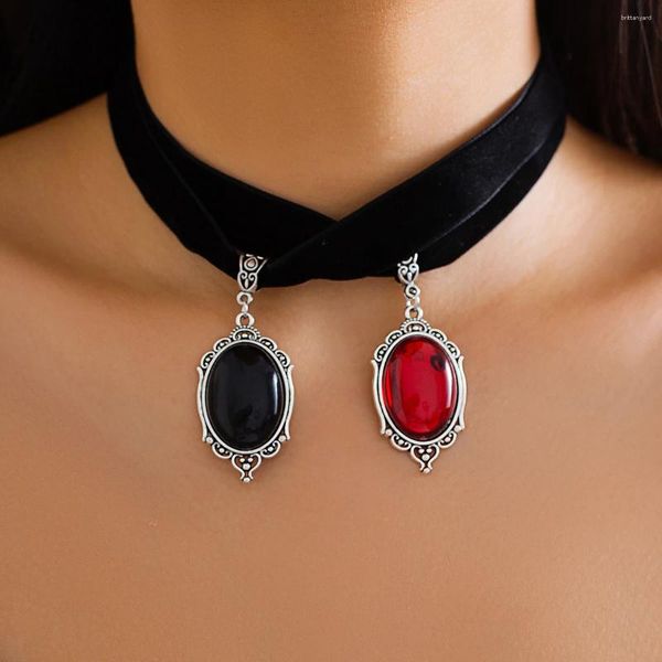 Anhänger Halsketten KunJoe Retro Kristall Stein Halskette Set Für Frauen Gothic Schwarz Koreanische Samt Choker Halloween Cosplay Schmuck