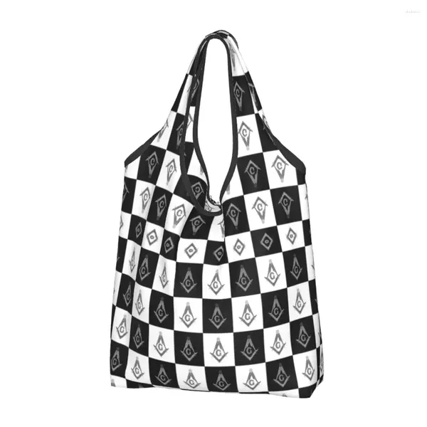 Sacos de compras Freemason Checkered Padrão Mercearia Durável Reutilizável Reciclar Dobrável Heavy Duty Masonic Mason Eco Bag Lavável