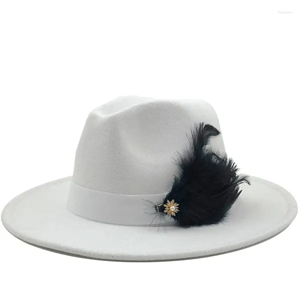 Береты, белая шерстяная женская шляпа Федора с перьями на зиму и осень, элегантная женская клош с широкими полями, мужские джазовые кепки