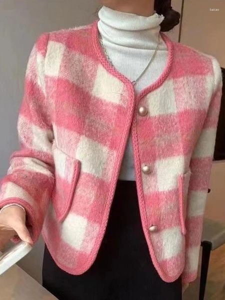 Giacche da donna Zoki Moda Giacca in tweed scozzese da donna Dolce stile inglese Cappotto corto Casual O Collo Bottoni eleganti Tutti abbinati Office Lady