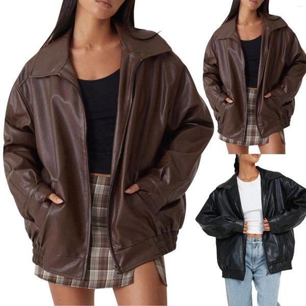 Jaquetas femininas jaqueta de couro pu casaco outono e inverno cor sólida zíper lapela solta retro moto biker outwear topos