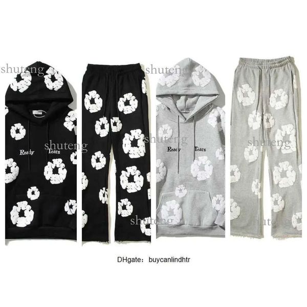 Mannen herfst winter hoodies broek kant-en-klare schuimbloem merk denim tranen vrouwen bladerdeeg print noodlijdende trui met capuchon borduurwerk witte kapok 43