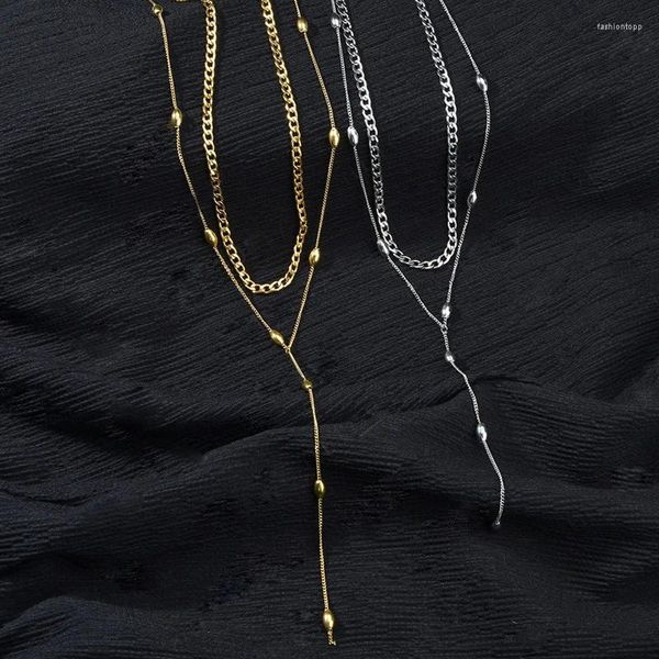 Pingente colares em forma de y dupla camada colar feminino brilhante ouro prata cor de aço inoxidável senhoras jóias presente de aniversário