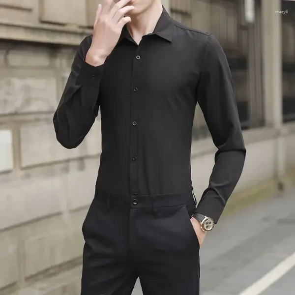 Erkekler Rahat Gömlek Esnek Rahat Standart Fit Pürüzsüz Uzun Kollu Katı Elbise Gömlek Cep Kırışıklık Ücretsiz Akıllı B48