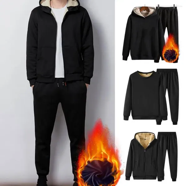 Tracksuits masculinos 1 conjunto esportes veludo casual inverno engrossado design com capuz roupas esportivas zíper confortável camisola calças terno